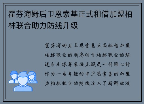 霍芬海姆后卫恩索基正式租借加盟柏林联合助力防线升级