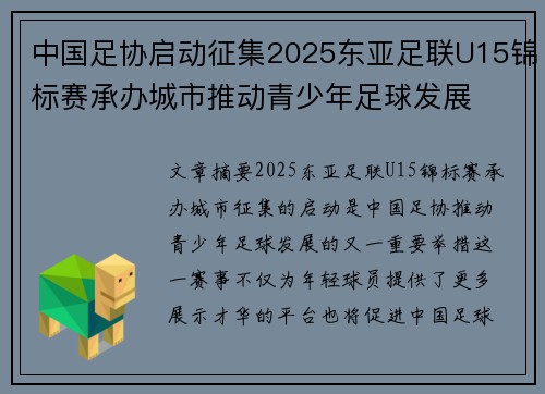 中国足协启动征集2025东亚足联U15锦标赛承办城市推动青少年足球发展