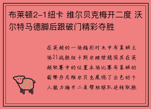 布莱顿2-1纽卡 维尔贝克梅开二度 沃尔特马德脚后跟破门精彩夺胜